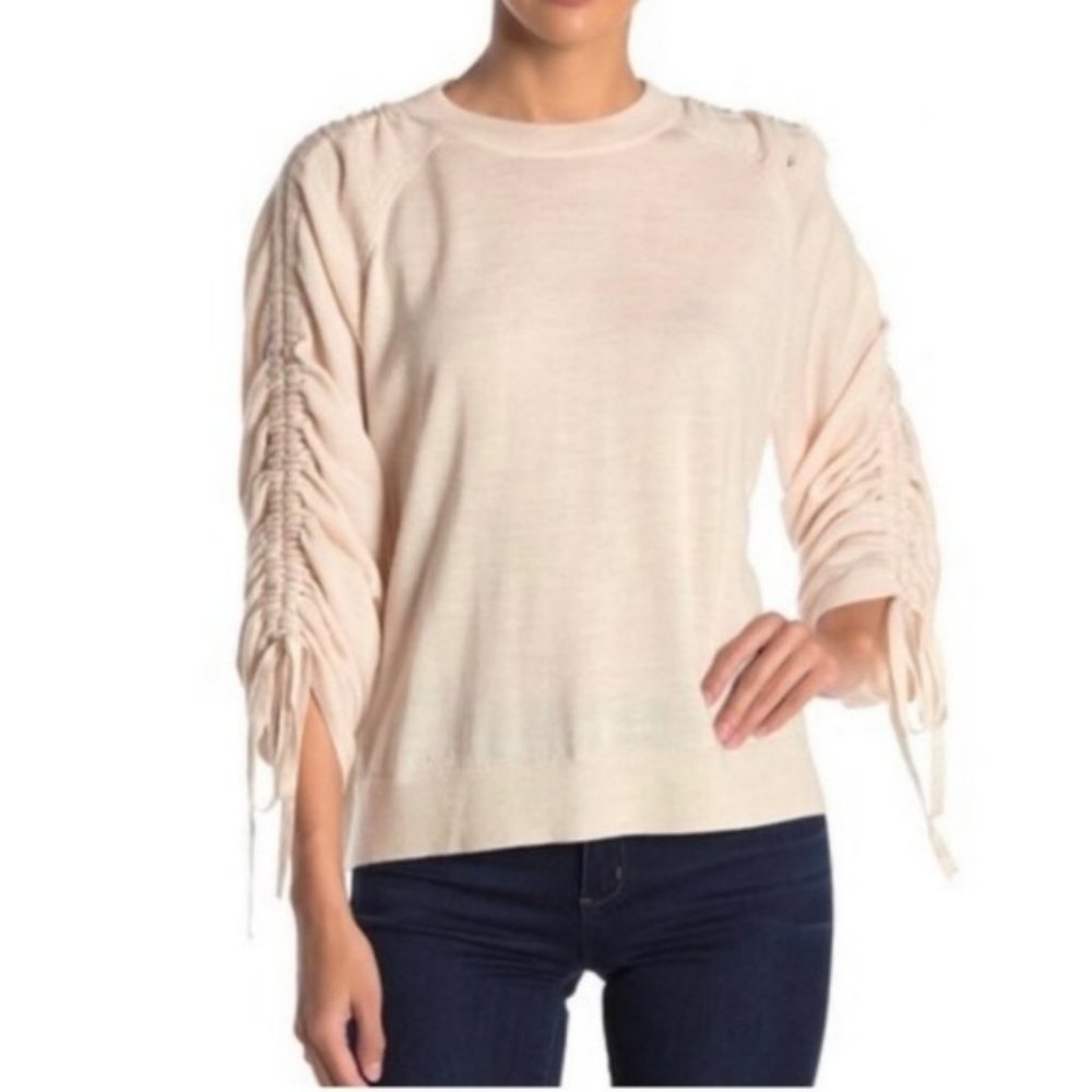 All Saints 100% Merino Wool Blush Sweater Ruched Drawstring Sleeves